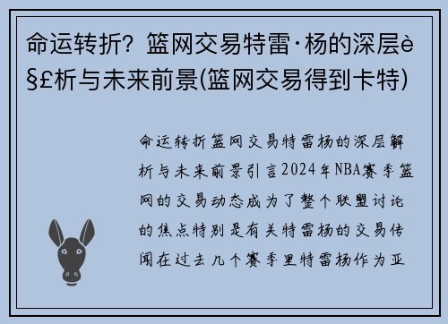 命运转折？篮网交易特雷·杨的深层解析与未来前景(篮网交易得到卡特)