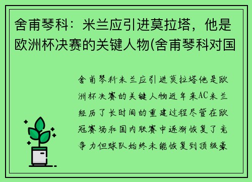 舍甫琴科：米兰应引进莫拉塔，他是欧洲杯决赛的关键人物(舍甫琴科对国米)